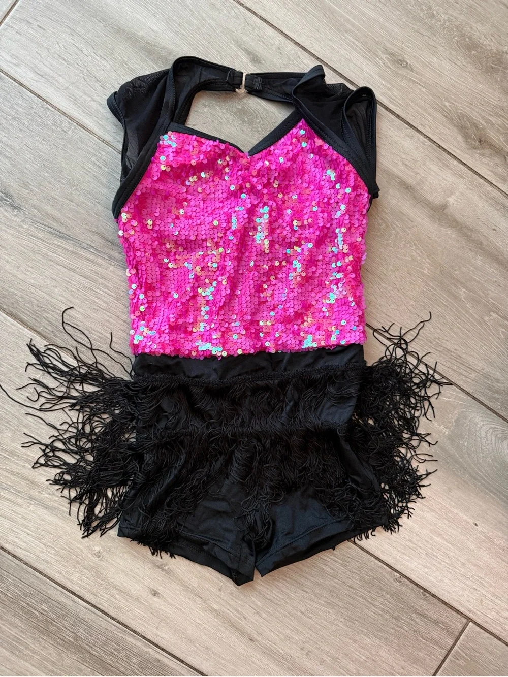Weissman Hot Pink Sequin Dance Costume with Black Fringe